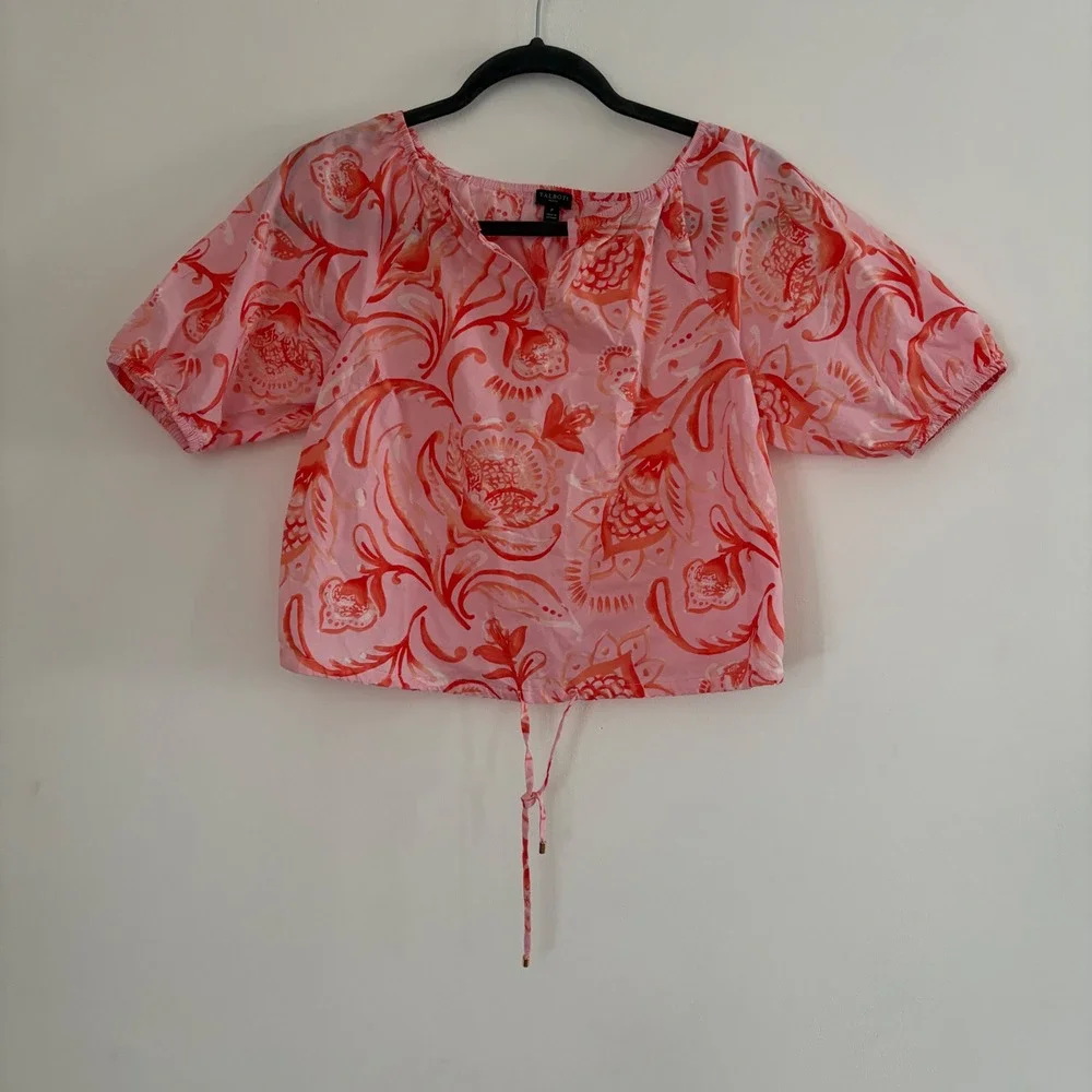 Talbots Poplin Drawcord Hem Top Jacobean Fantasia Pink Floral Tropical P Petite - Picture 2 of 6